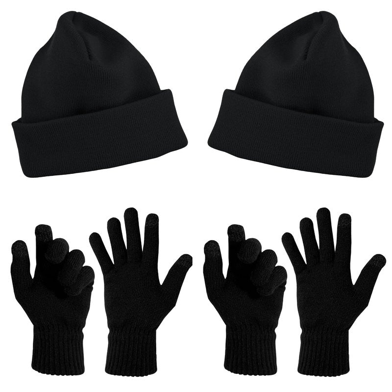 2-Sets Beanies & Touch Screen Gloves, Premium Thick Winter Thermal Men Women (Black, One Size)