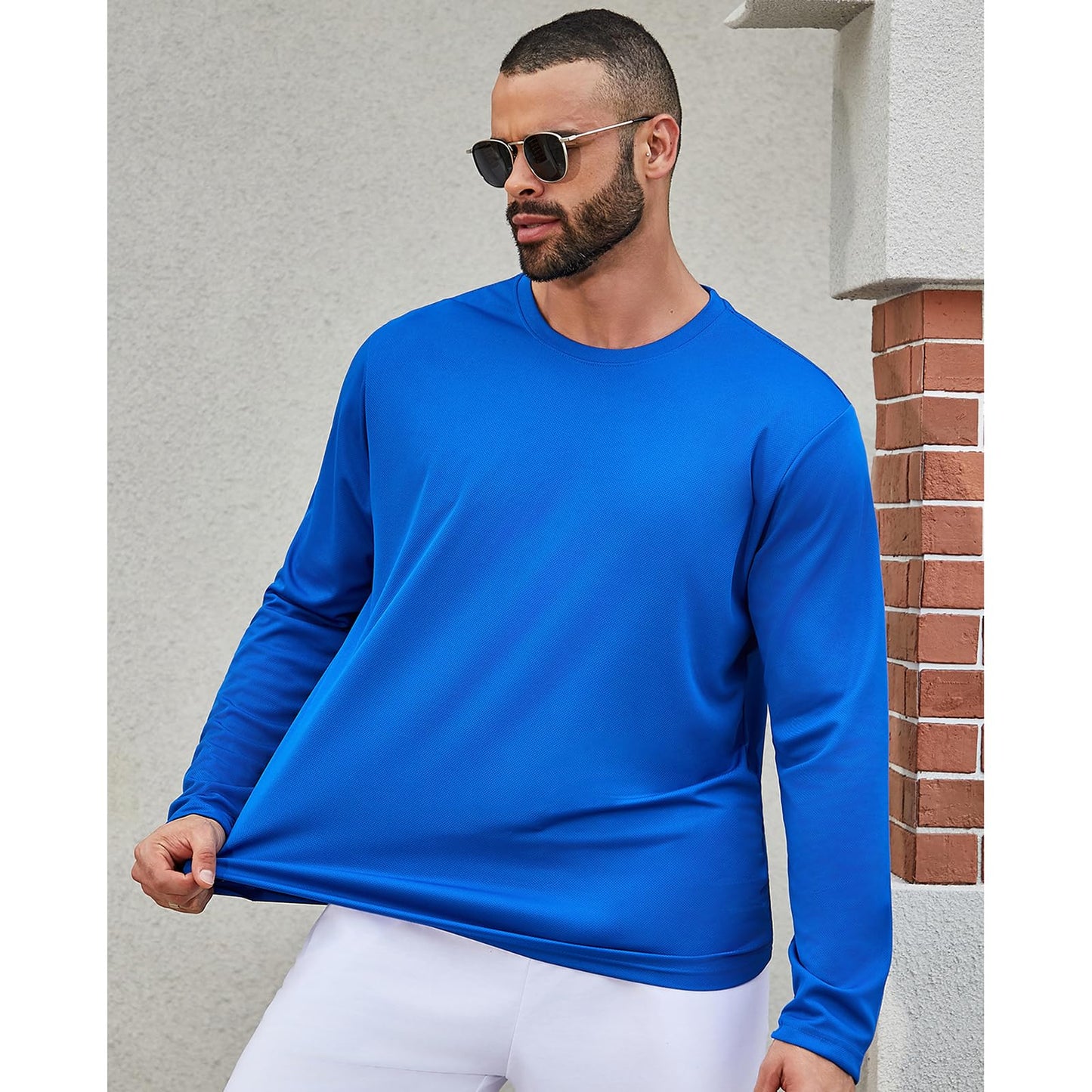 Mens Long Sleeve Shirts Quick Dry Crew Neck Sun Protection Gym Workout Athletic T-Shirt Blue L 5 Pack