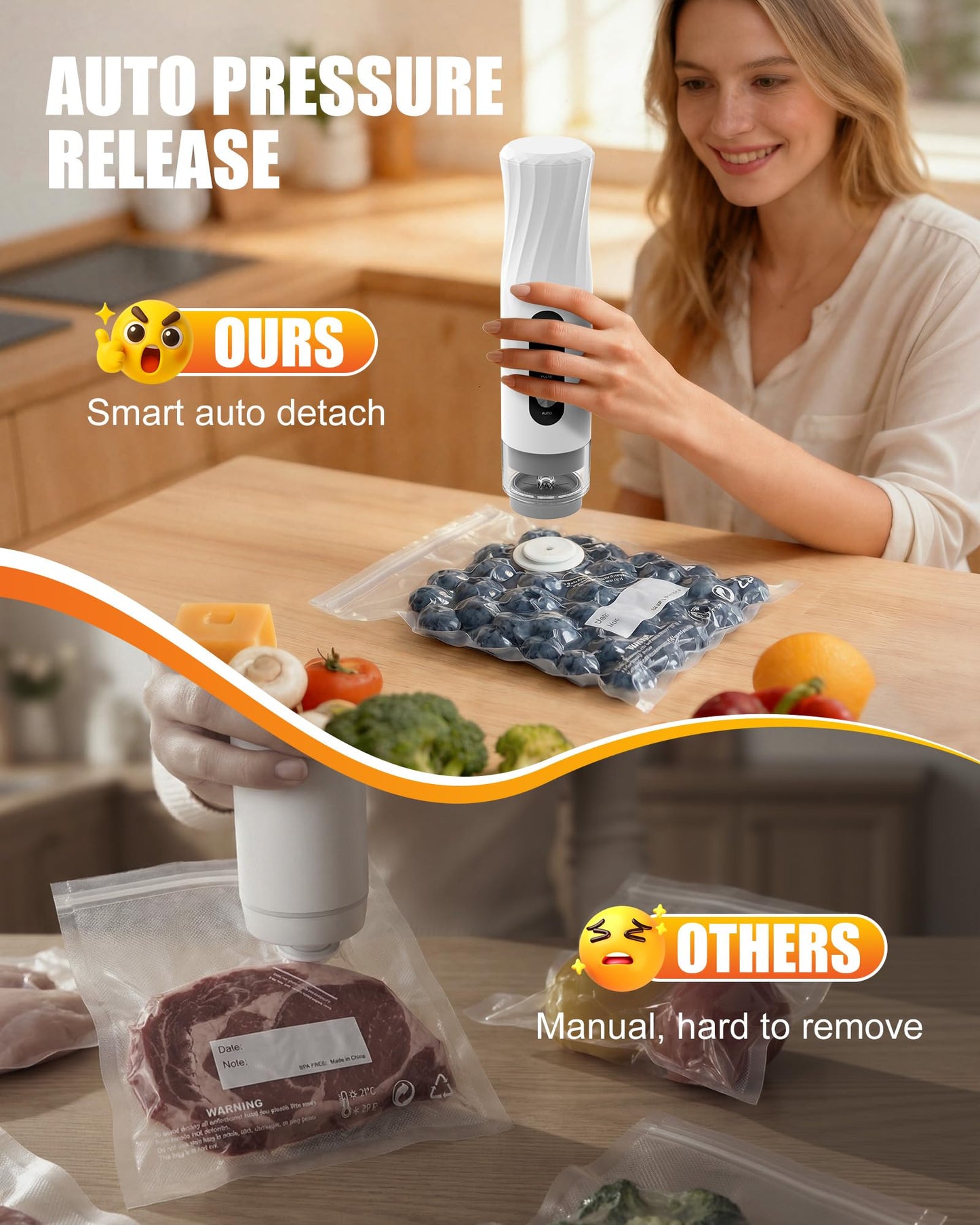 RIWUSI Portable Vacuum Sealer for Food with Visible Water Tank, 60kPa Powerful Handheld Vacuum Sealer Machine, One-Touch Auto Seal & Pulse Mode for Delicate Foods, Includes 20 Reusable Bags