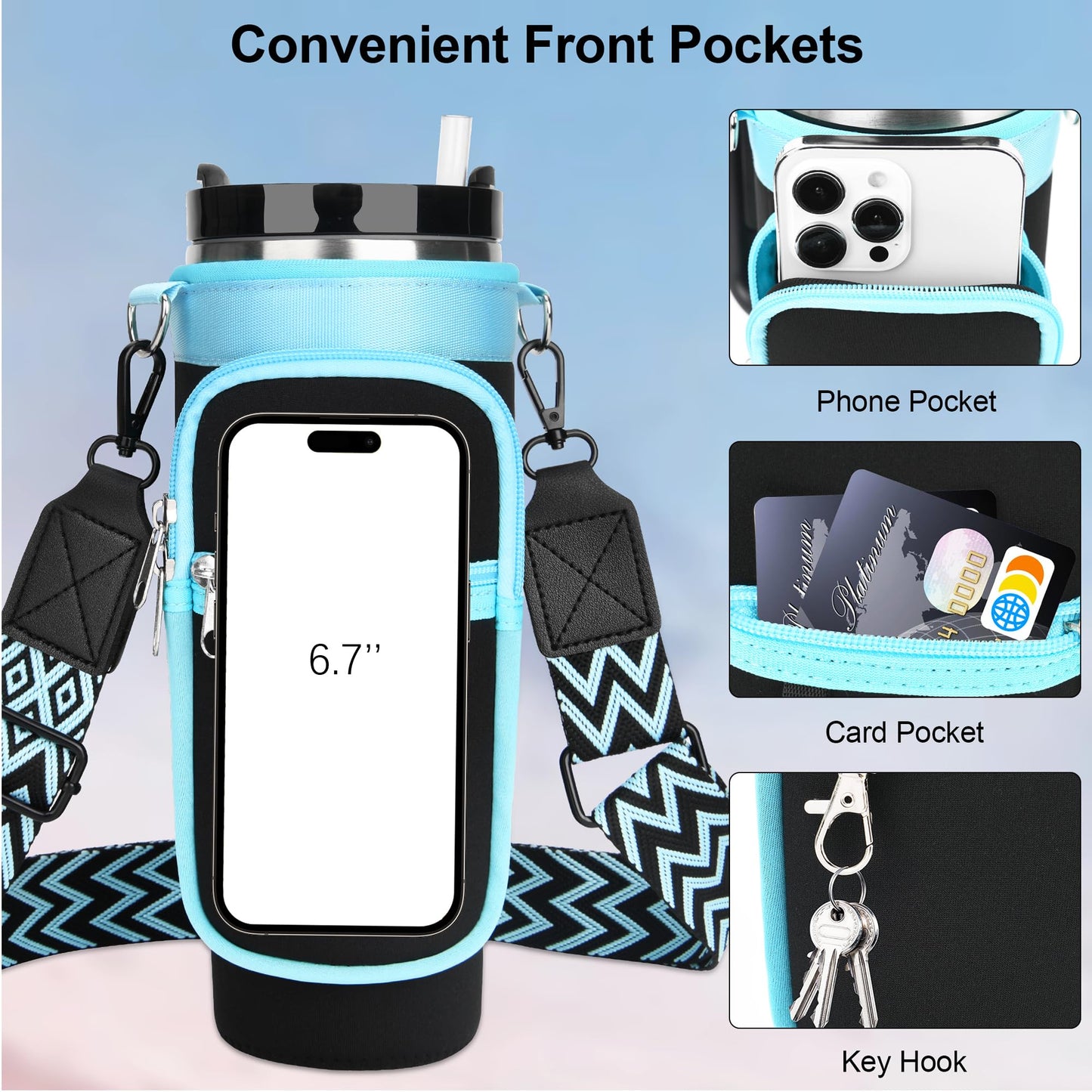 Water Bottle Carrier Bag with Canvas Shoulder Strap for Stanley 40 oz Tumbler with Handle, Water Bottle Holder Pouch with 6.7'' Phone Pocket for Stanley Cup Accessories, for Men