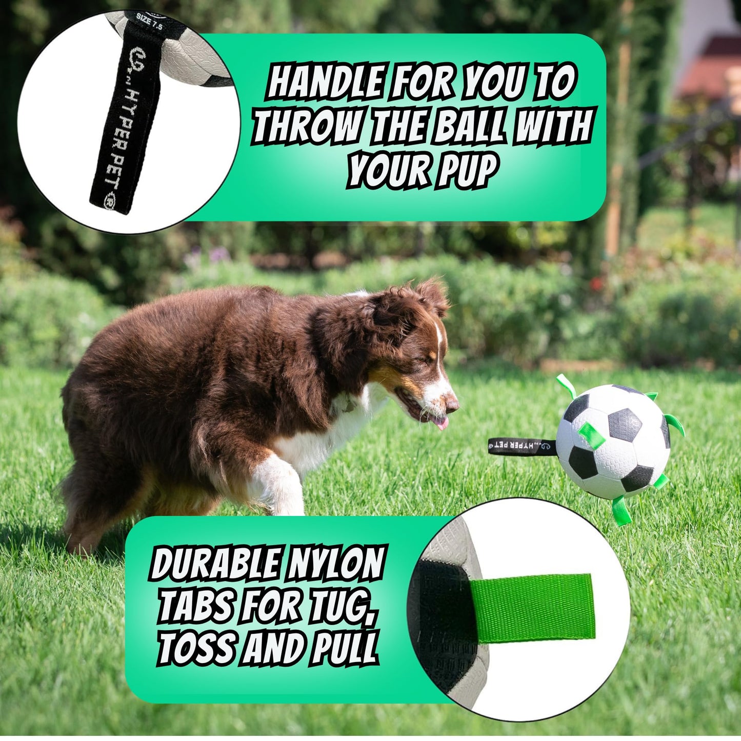 Hyper Pet Grab Tabs Dog Soccer Ball with Straps (7.5") Indoor or Outdoor; Interactive Durable Fetch Ball with Tug Toy for All Dog Breeds