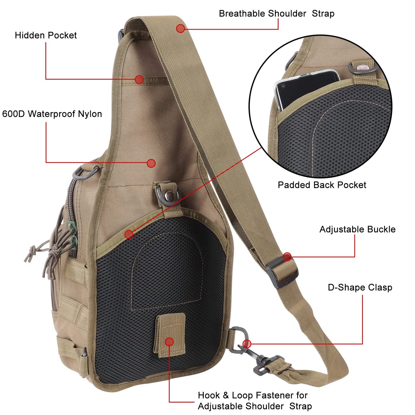 Qcute Tactical Backpack, Waterproof Military Cross-body Molle Sling Shoulder Backpack Chest Bag for Outdoor Every Day Carry (khaki)