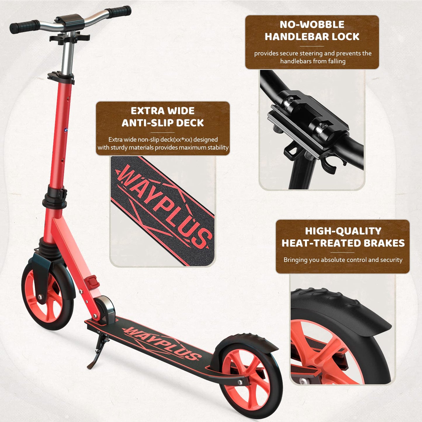 WAYPLUS Lightweight Kick Scooter for Kids, Teens and Adults, Foldable, 8-Inch Non-Slip Deck, ABEC9 Bearing, Adjustable Height 3.9-6.2FT, Red