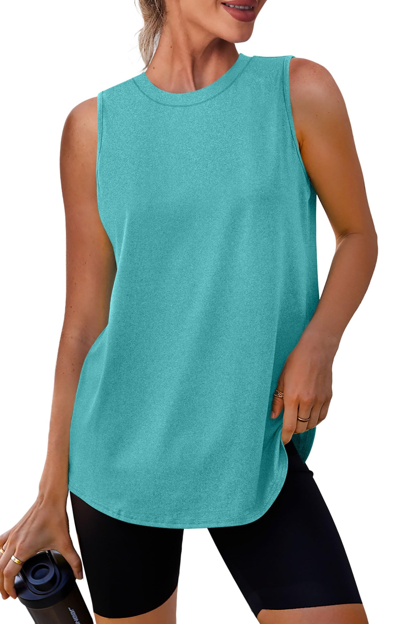 XIEERDUO Beach Vacation Clothes for Women Tank Tops for Women High Neck Workout Athletic Running Sleeveless Shirts Blue Green L
