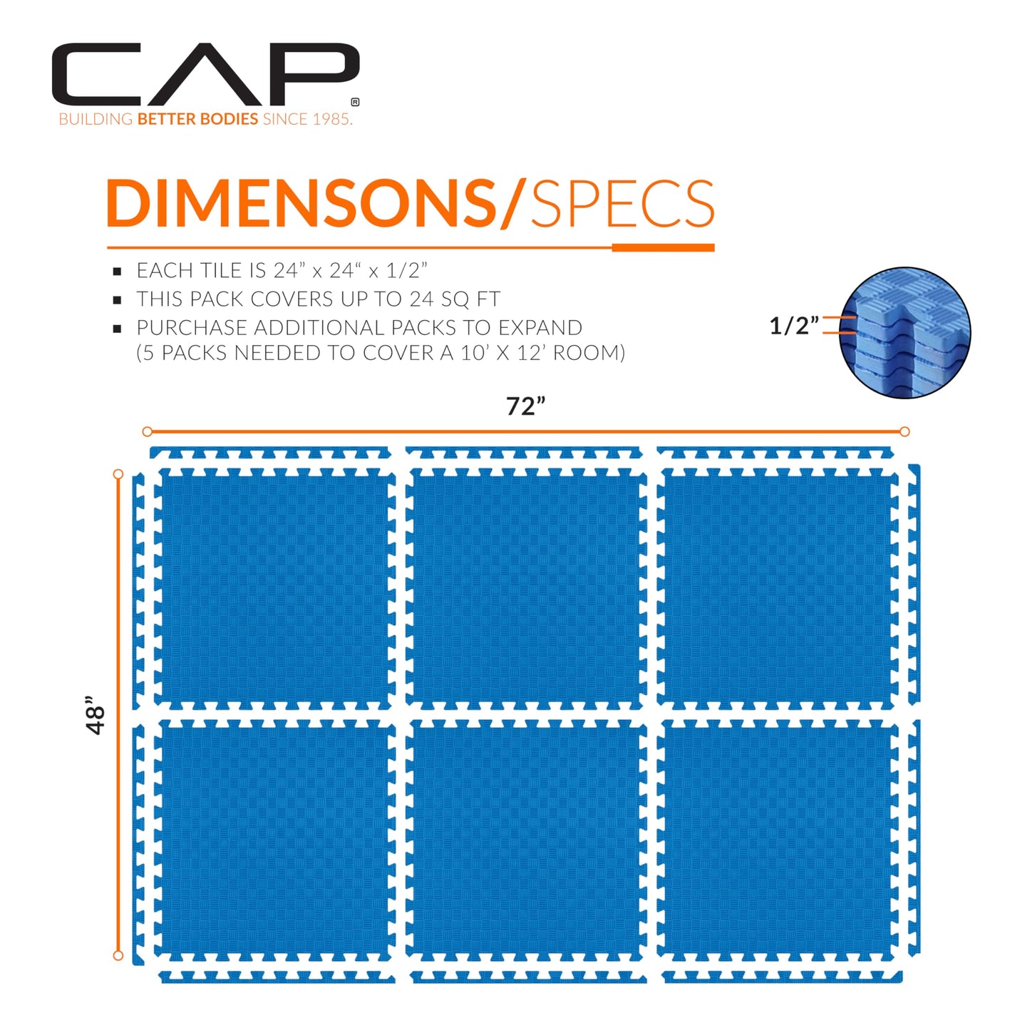 CAP Barbell 1/2-Inch Interlocking EVA Foam Exercise Puzzle Mats - 1 Pack | 24" x 24" x 1/2" | Tatami Pattern - Blue