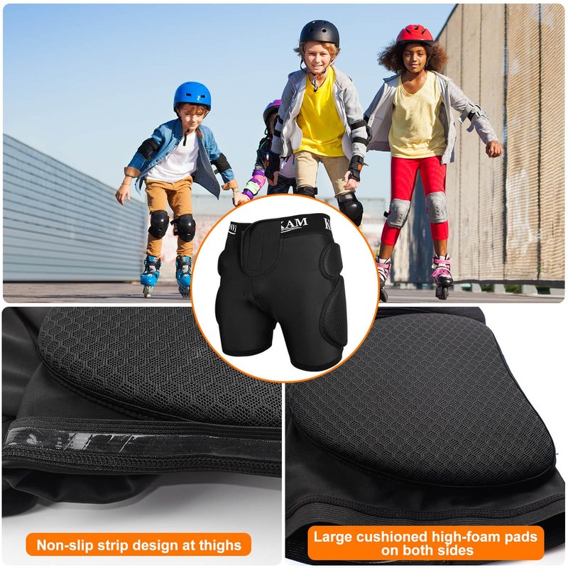 Kids Hips Padded Shorts Upgrade Version for Outdoor Sports with Thick EVA Pads, CE Level Silicone Tailbone Pads, Enhanced Protection for Ski Skateboard Ice Skating Biking (Black, XL)