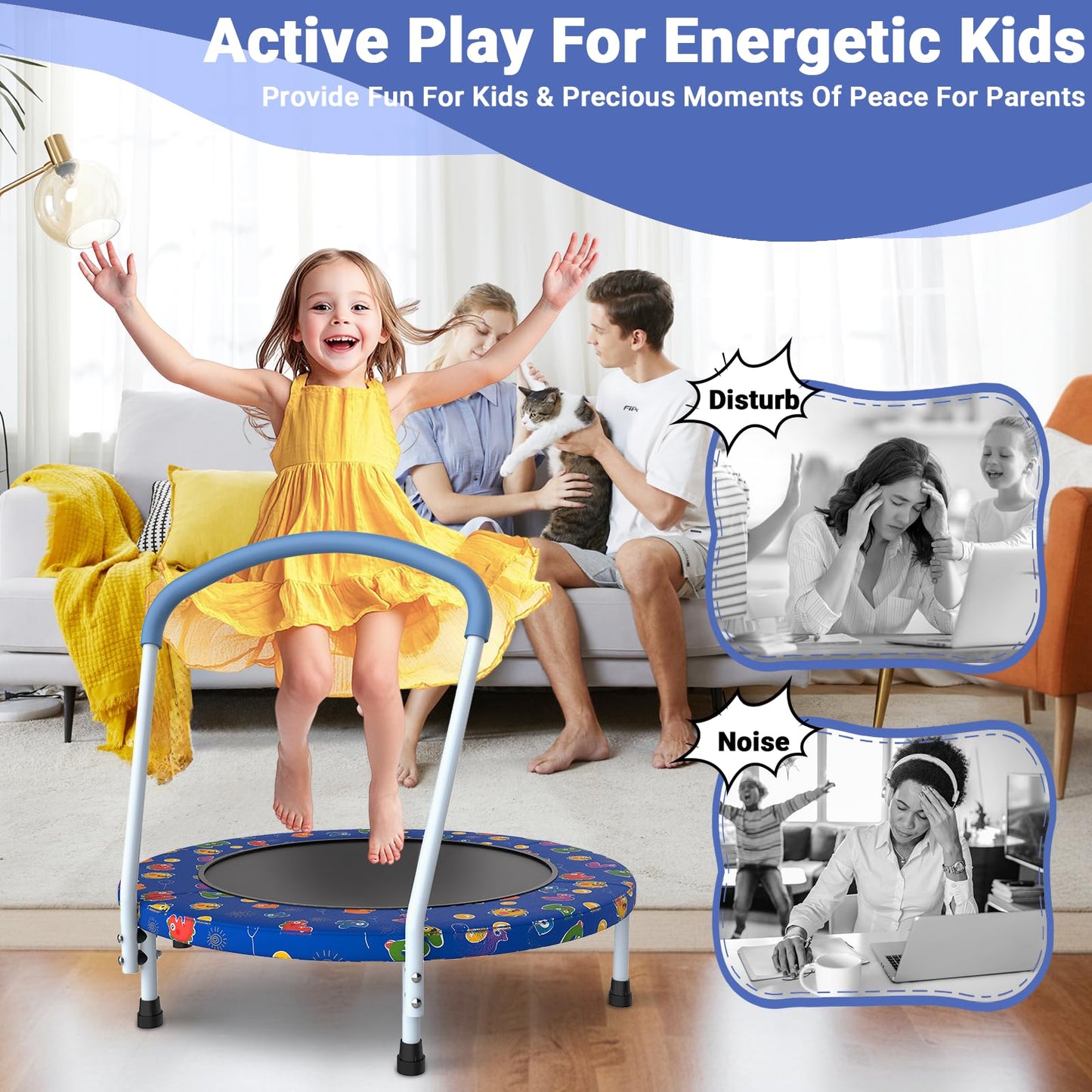Skepphlay 36" Mini Trampoline for Kids, Toddler Trampoline with Handle, Small Trampolines Indoor Outdoor Use, Kids Trampolines Indoor for Boys Girls Age 3-6