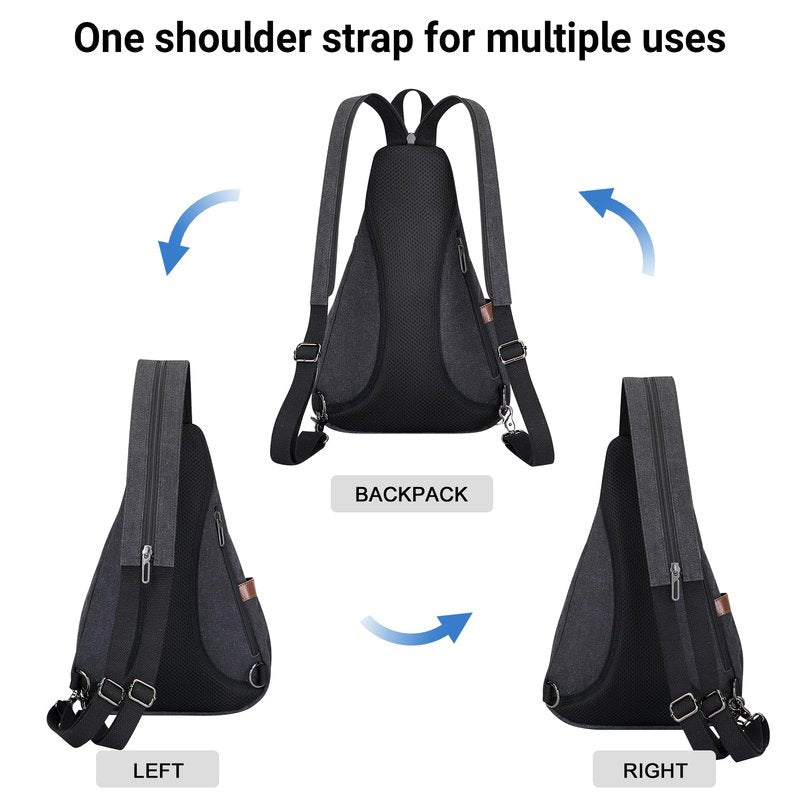 WITZMAN Canvas Sling Bag for Men Women Convertible Sling Backpack Crossbody Vintage Chest Bag Travel Casual Daypack（A8003 Black）