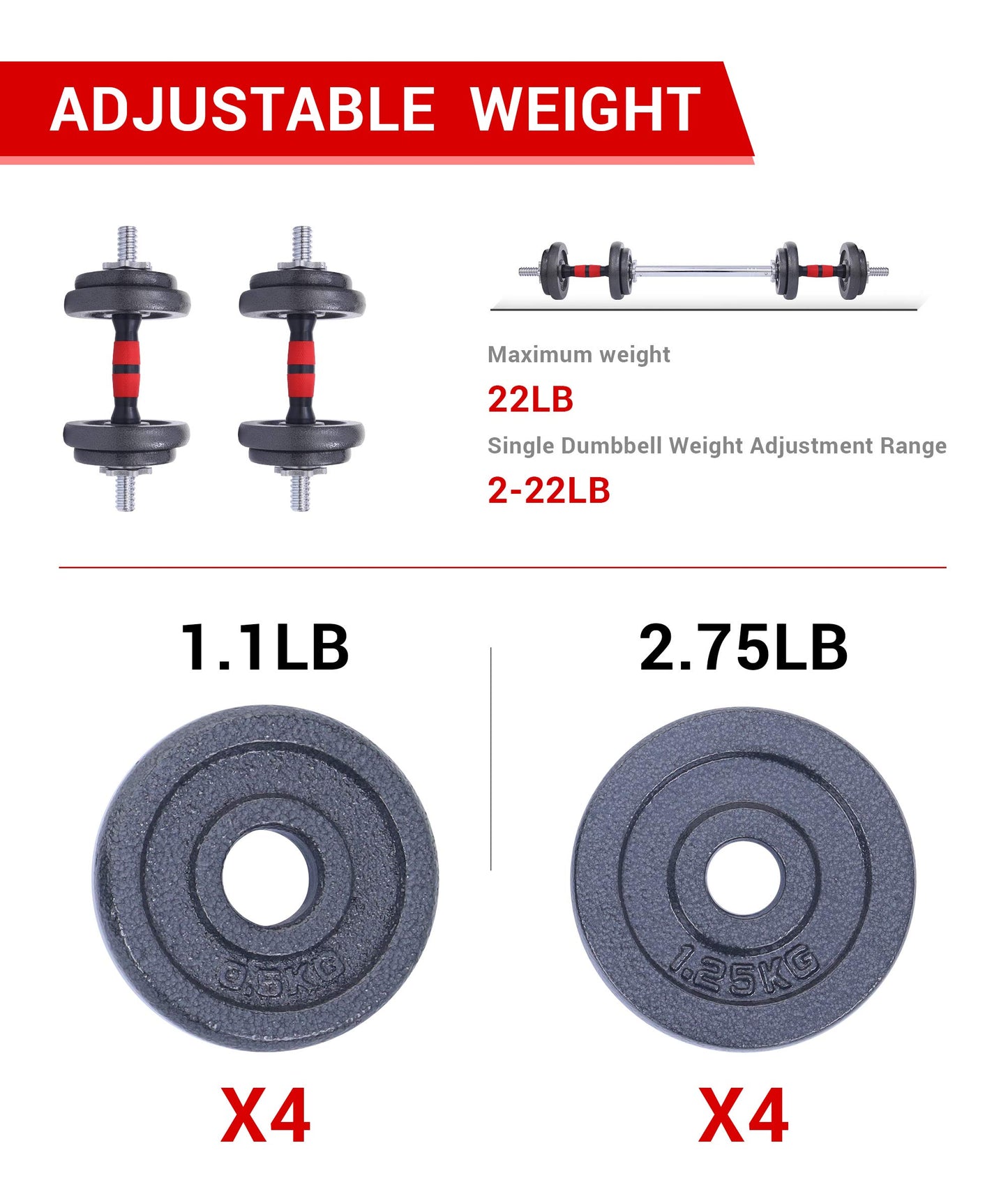 Nice C Adjustable Dumbbells, Barbell Weight Set, Dumbbell Set, Weights Adjustable 22/33/44/66/105 Lbs Home Gym 2 in 1, Anti-Slip Handle, All-Purpose, Office, Fitness