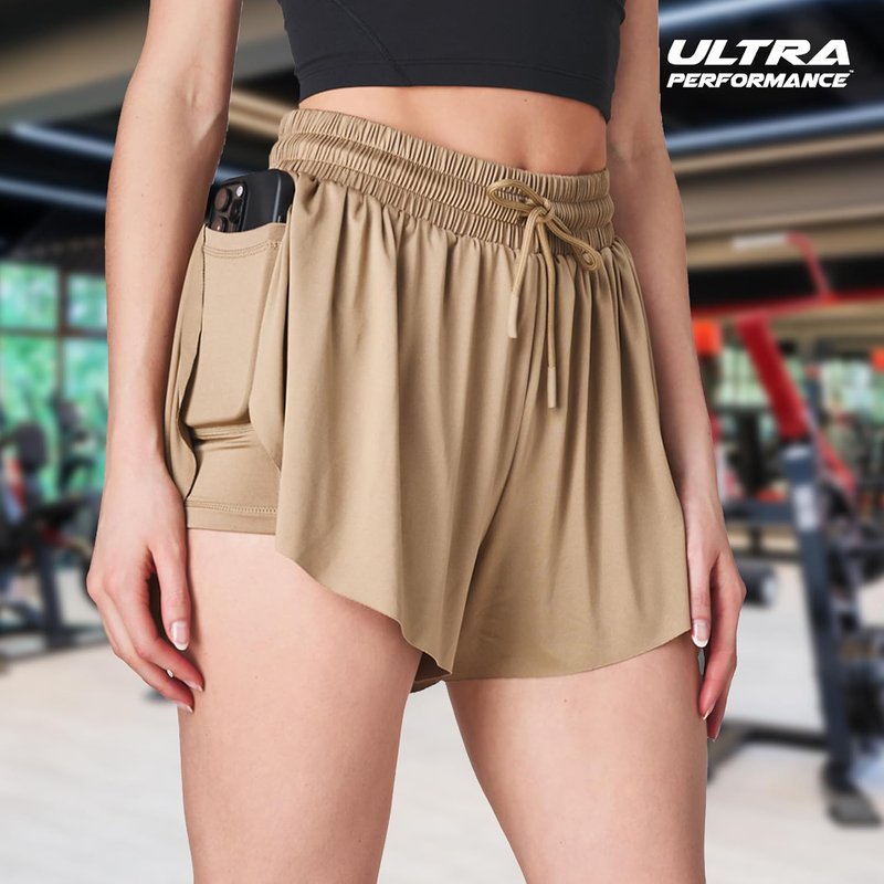 Womens Athletic Running Shorts - 2 Pack Butterfly Flowy 2-in-1 Gym Workout Summer Shorts