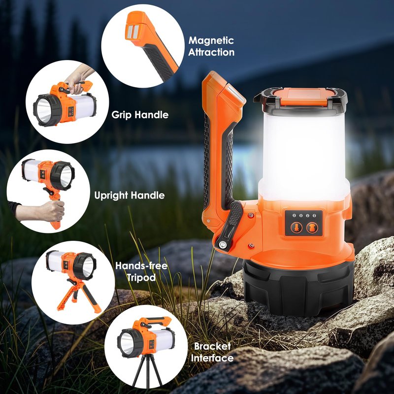 BOBKID Tripod Rechargeable Camping Lantern, 6 Modes LED Flashlight Handheld Spotlight with 4000LM, IPX4 Waterproof Searchlight Work Light for Emergency Hiking Survival Kit - Orange