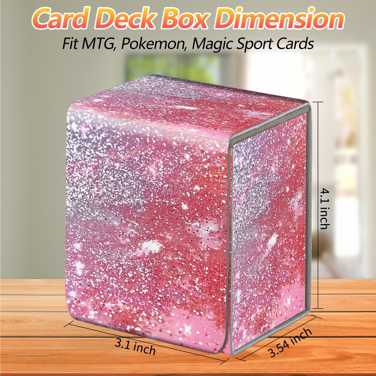 JANENFNA Card Deck Box, Card Storage Box Fits 100+ Single Sleeved Cards, Large Capacity PU Leather Card Storage Box with Strong Magnet for Magic Commander TCG CCG, Pink Shiny Glitter