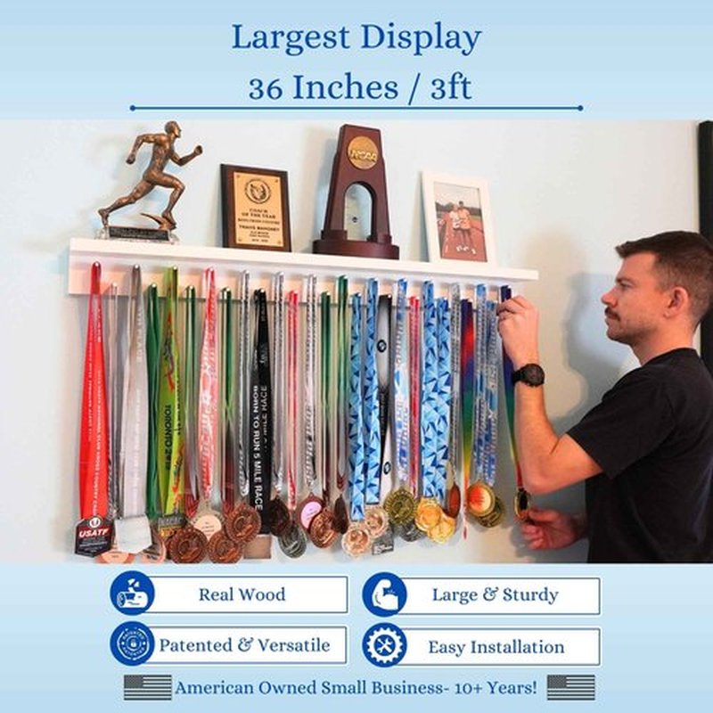 MedalAwardsRack 3ft- Ultimate Medal Hanger Display and Trophy Shelf - Multi-Sport Trophy and Medal Holder for Medal Display, Plaques, Pictures, Trophies and more. Solid Wood - Large 36" - Grey