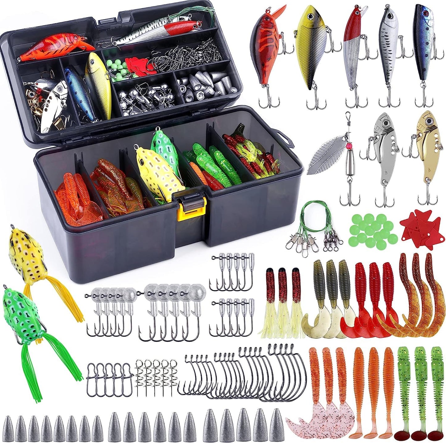 PLUSINNO 210pcs Fishing Lures Fishing Tackle Box Fishing Gifts for Men, Bass, Trout Fishing Accessories Kit for Saltwater & Freshwater Fishing Gear Including Topwater Lures, Hooks, Spinnerbaits