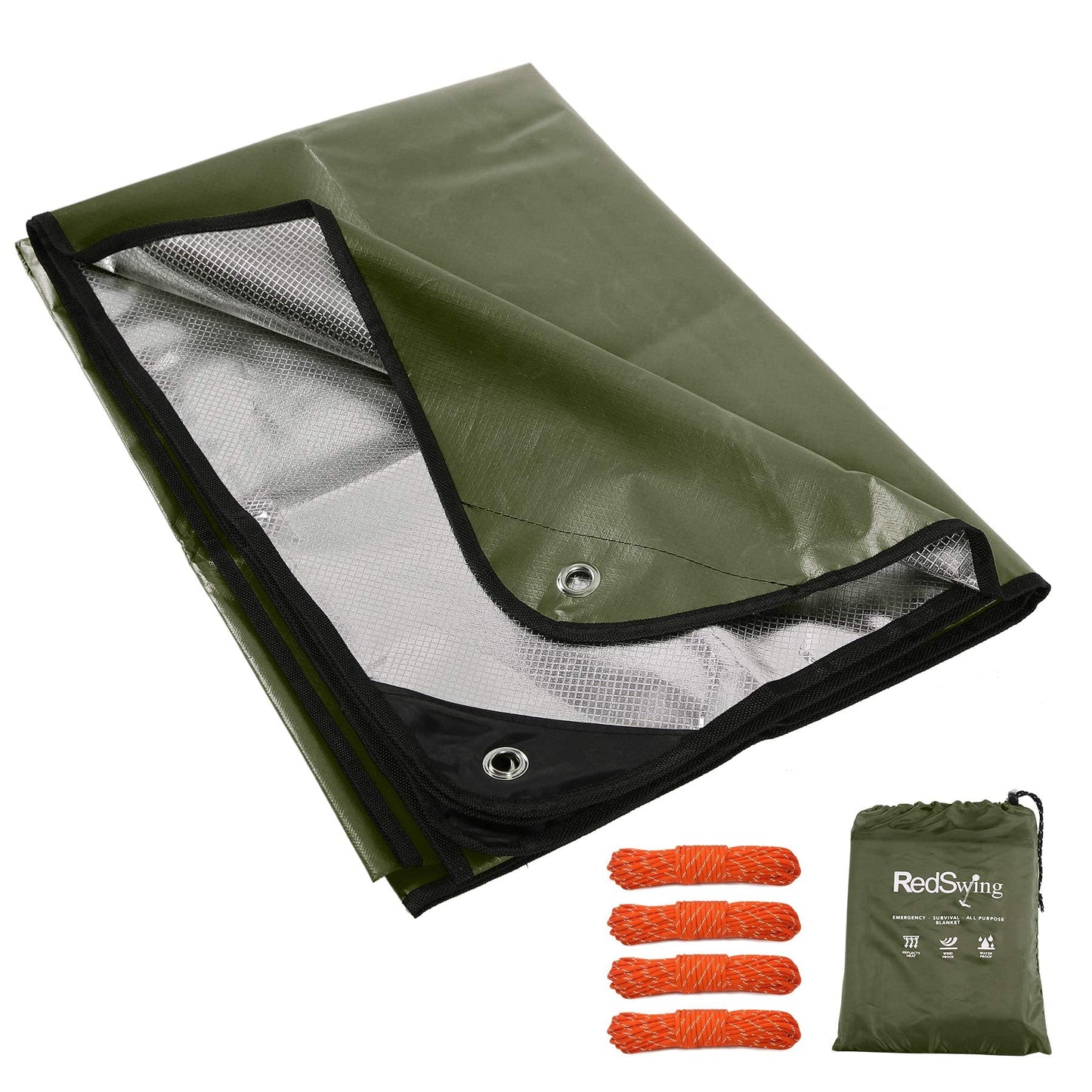 RedSwing Heavy Duty Survival Blanket, Waterproof Emergency Thermal Tarp, Multipurpose Reflective Insulated All Weather Blankets for Camping Hiking, Green