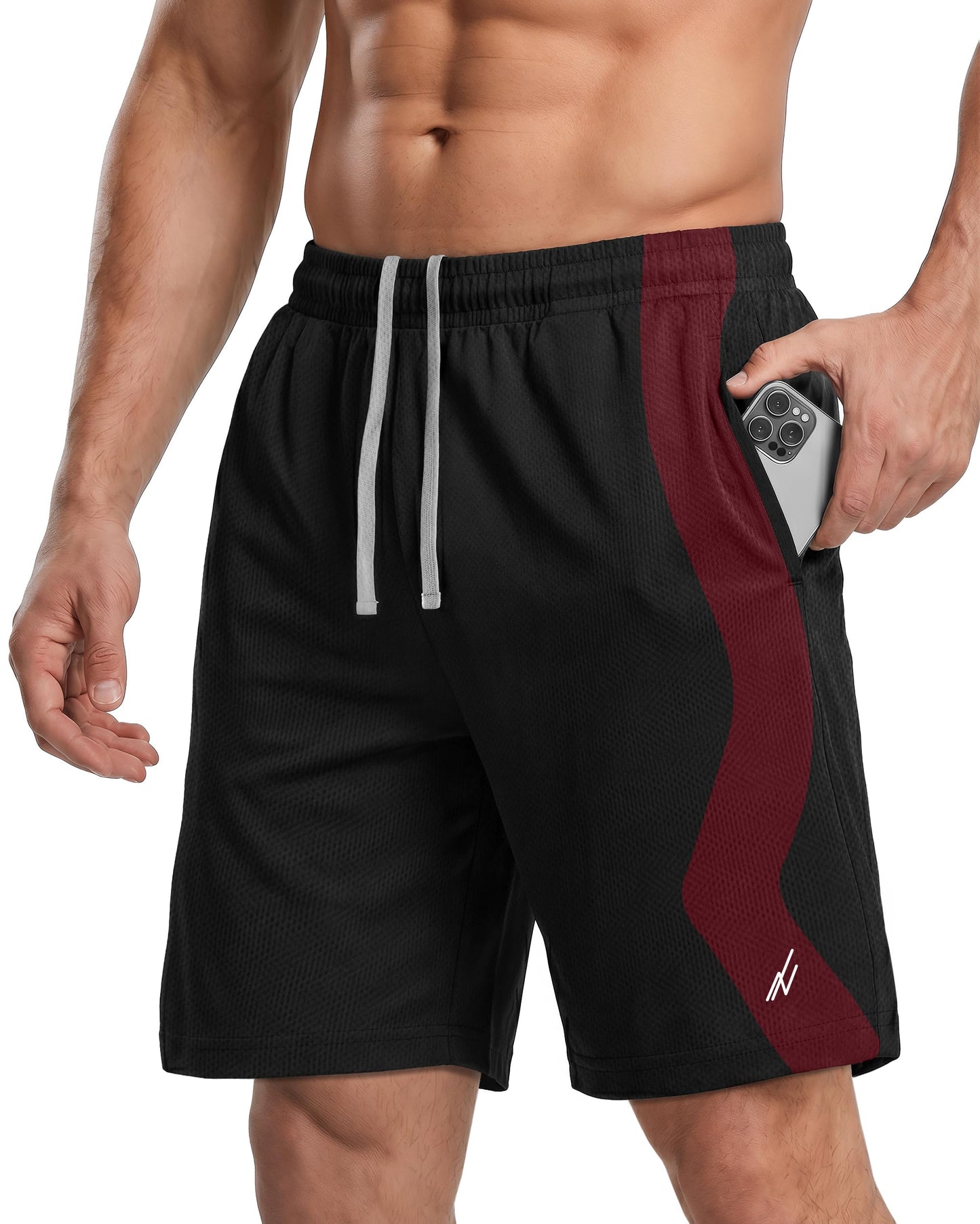 NY Threads Men's Athletic Shorts Quick Dry Loose-Fit Lightweight Running Workout Gym Shorts with Pockets, Medium, Black Burgundy Panel