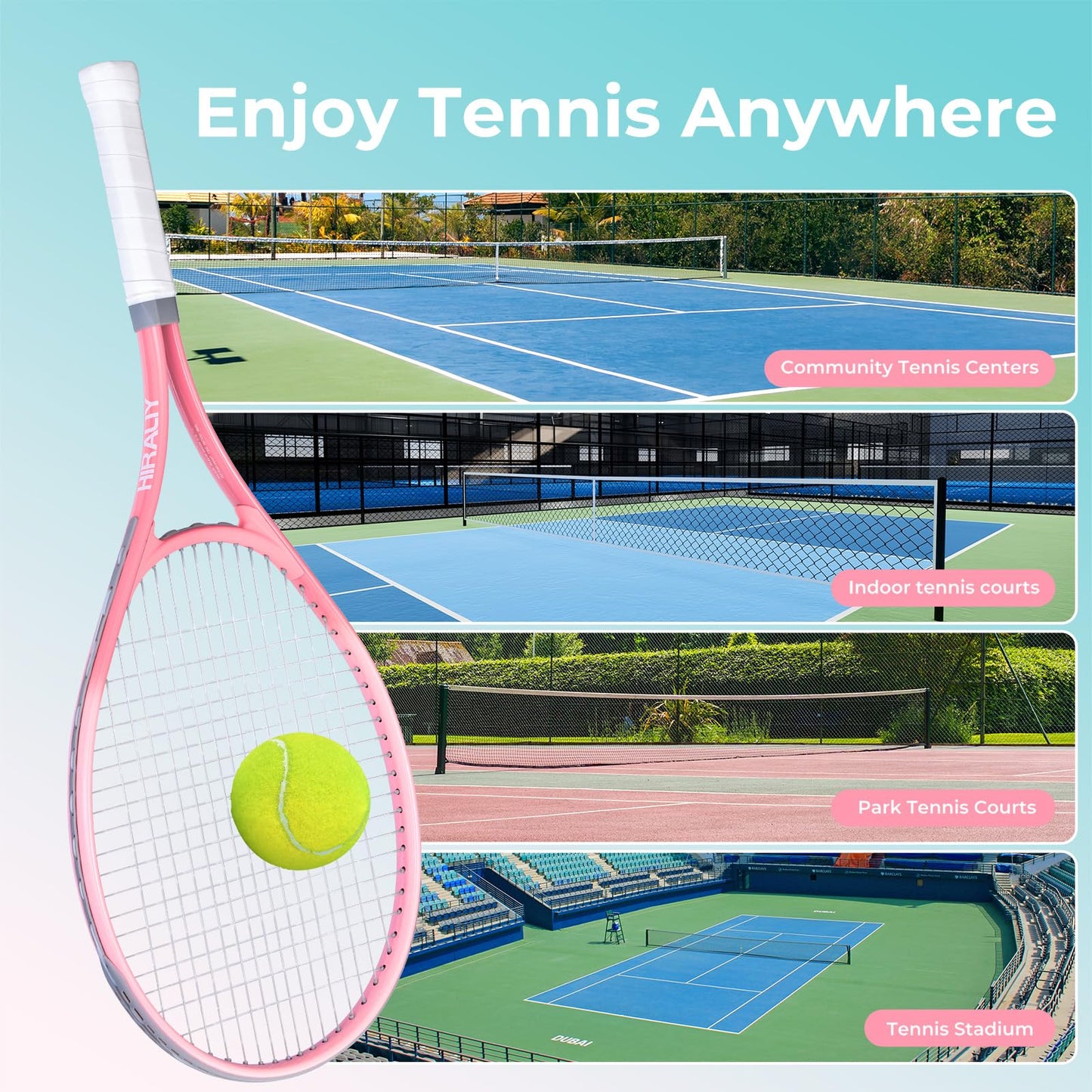 HIRALIY 27" Tennis Rackets Set for Adults, 2 Player Pre-Strung Tennis Racquets, 2 Overgrip Tapes,3 Balls, and 1 Carrying Bag, Outdoor Recreational Sport for Beginner (Pink/Green)