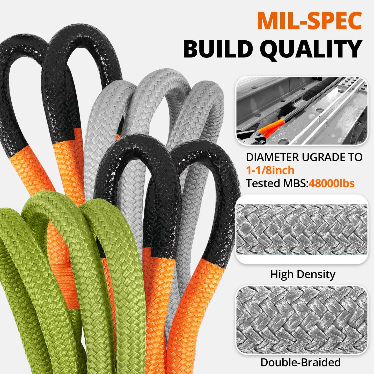 HOKINETY Kinetic Recovery Tow Rope: 1-1/8" x 30ft 48000LBS Snatch Strap with Soft Shackles Heavy Duty Offroad Towing Straps Kit for Trucks SUV UTV ATV Tractor Car Jeep - Gray