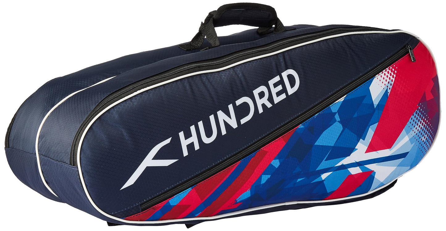 HUNDRED Ideal Badminton and Tennis Racquet Kit Bag | Size: Large | Material: Polyester | 2 Compartments with Side Pouch | Front Zipper Pocket | Padded Back Straps | Easy-Carry Handle | Navy Blue(6in1)