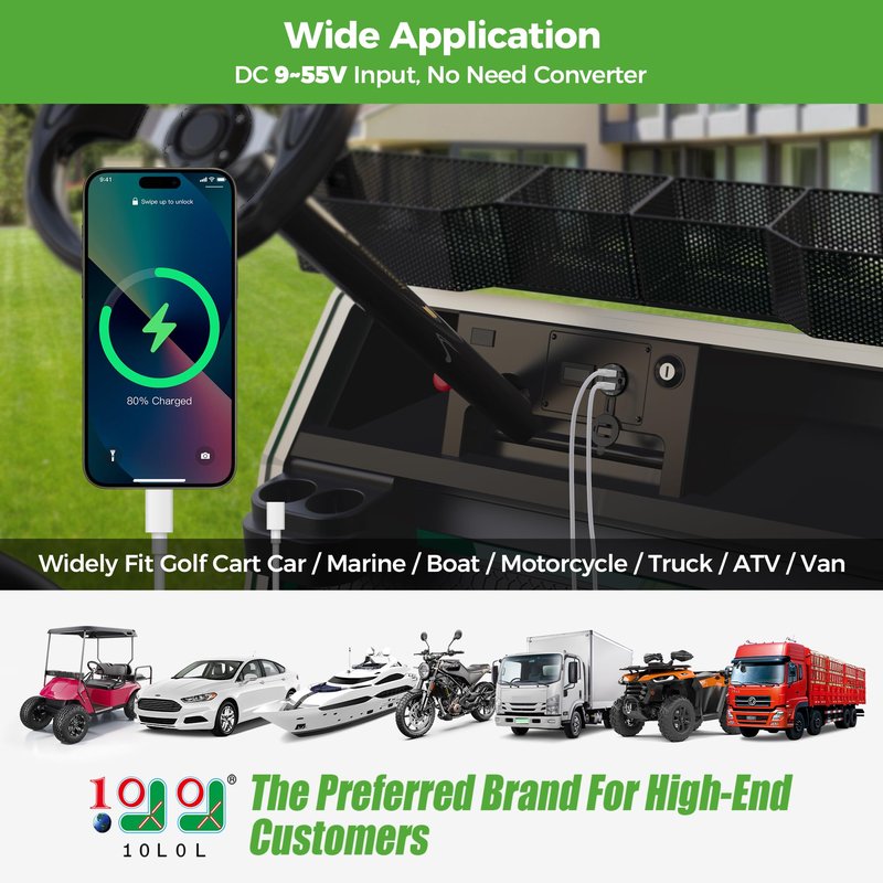10L0L Golf Cart Quick Charge 3.1 Dual USB Charger,2 in 1 USB Ports & LED Display Voltage Meter Universal for Club Car,EZGO and Yamaha,Metal Shell Safe Charging Socket 9V-48V Wide Voltage Input