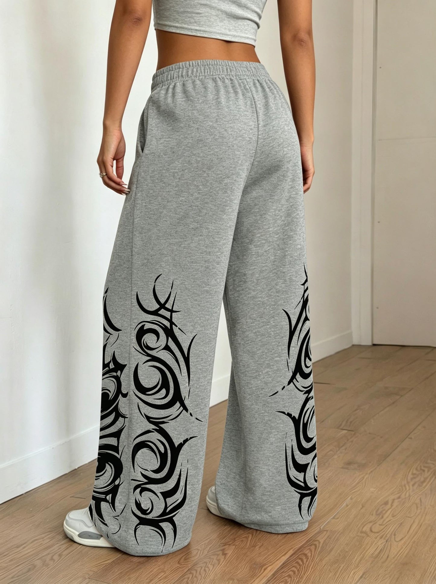 ZAFUL Womens Wide Leg Sweatpants Y2K Gothic Graffiti High Waisted Lounge Pants Athletic Joggers Pants with Pockets 1-Light Grey M