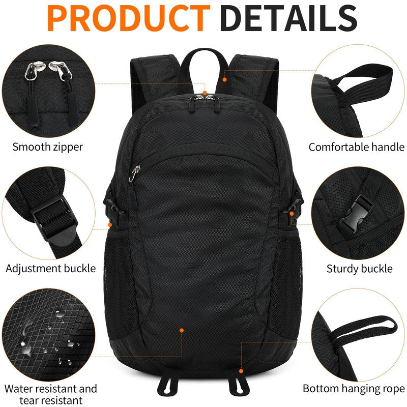 SFIUYDS Small Hiking Backpack Travel Lightweight Hiking Packable Daypack Water-Resistant Foldable Backpacks 15L for Travel Women Men Camping (Black)