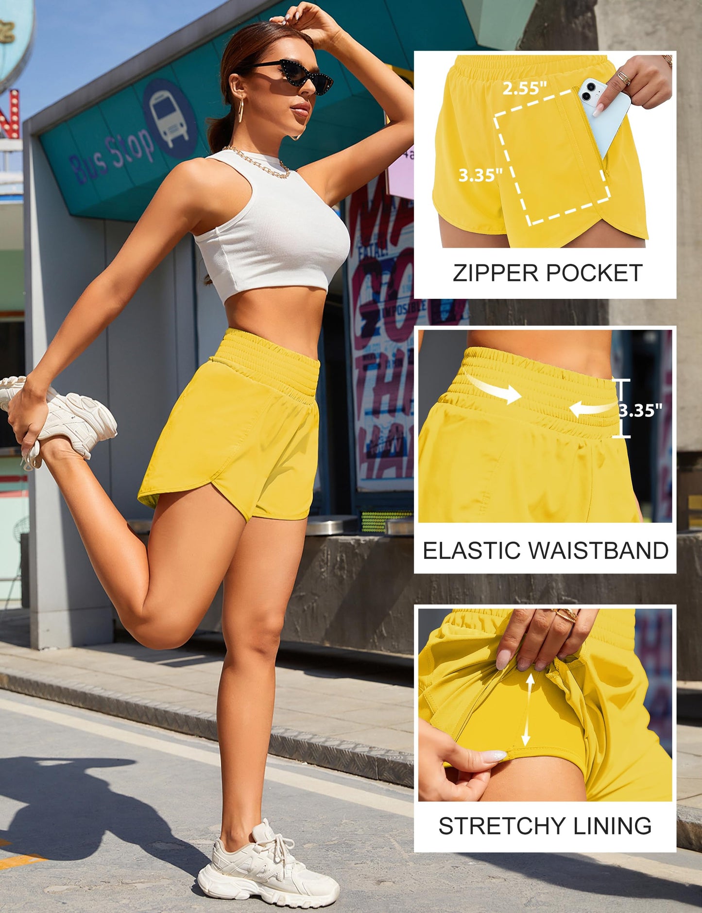 BMJL Women's Athletic Shorts High Waisted Running Short Pocket 2.5" Sporty Shorts Gym Elastic Workout Shorts(M,Bright Yellow)