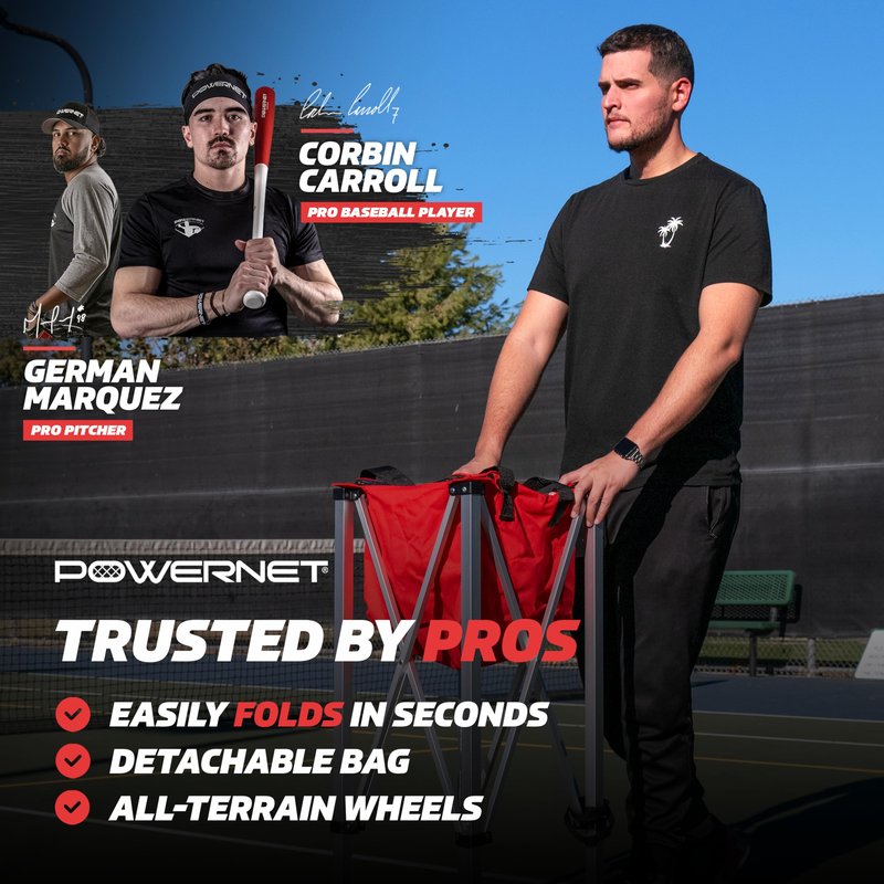 PowerNet Wheeled Caddy Cart for Baseball, Softball and Tennis Balls, Portable Multi Sport Baseball & Tennis Ball Hopper for Use During Training and Drills