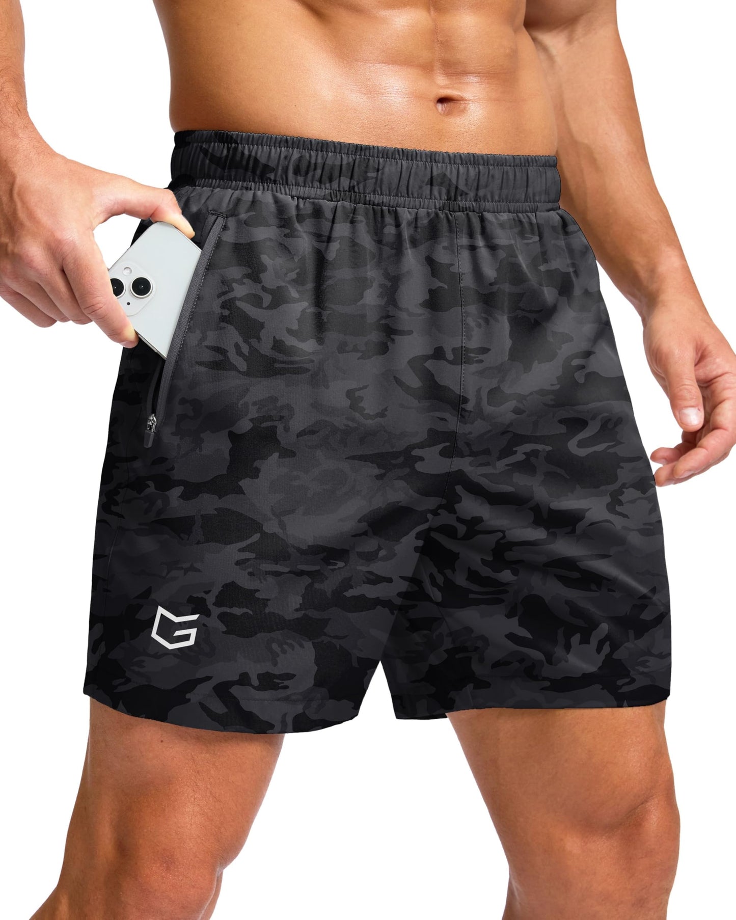 G Gradual Men's Athletic Running Shorts with Zipper Pockets Quick Dry 7"/ 5"/ 9" Workout Gym Shorts for Basketball Hiking(Grey Camo,5XL)