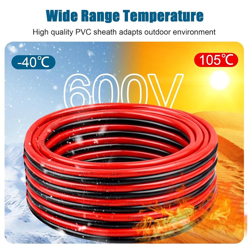 10 AWG Copper Wire - Oxygen-Free 2 Conductors Battery Cable for Solar, Automotive, RV | 10FT Length