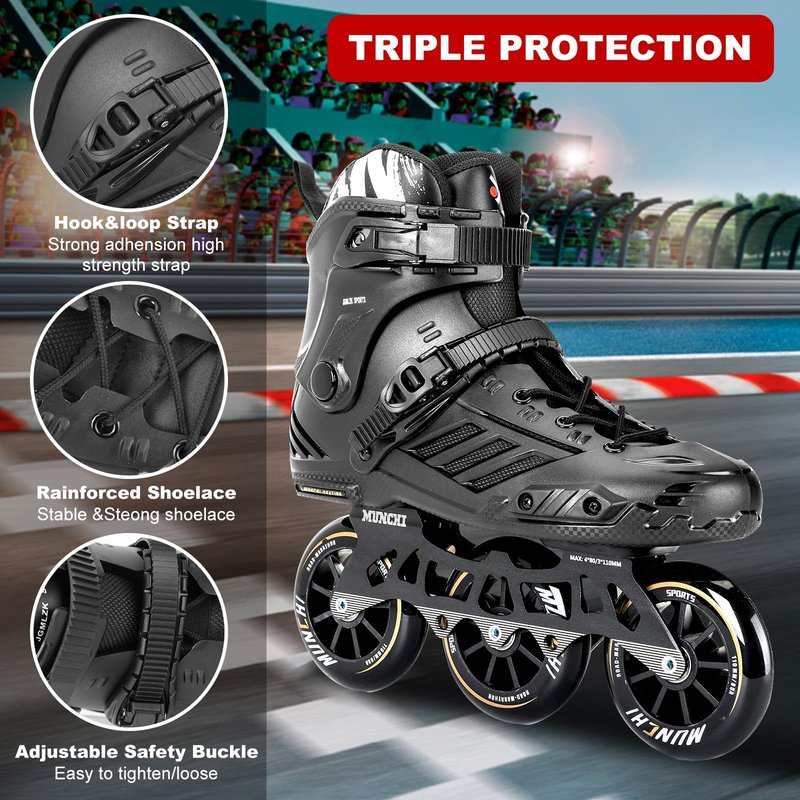 3 Wheels Fitness Inline Speed Skates for Unisex，110mm Roller Skates Blades (Black, Men 10/Women 11 45)