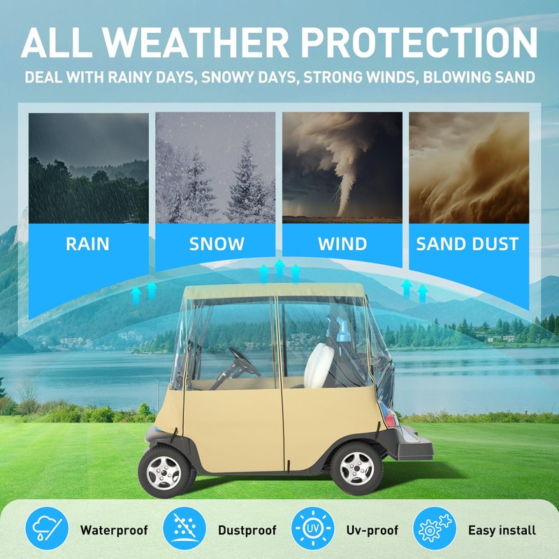 BENVOL Golf Cart Cover 2 Seater Drivable Enclosure - Fits Club Car Precedent, Tempo & EZGO TXT (Roof Up to 58") - 900D Heavy Duty Khaki Waterproof Rain Cover with 0.5mm Clear Vinyl Windows