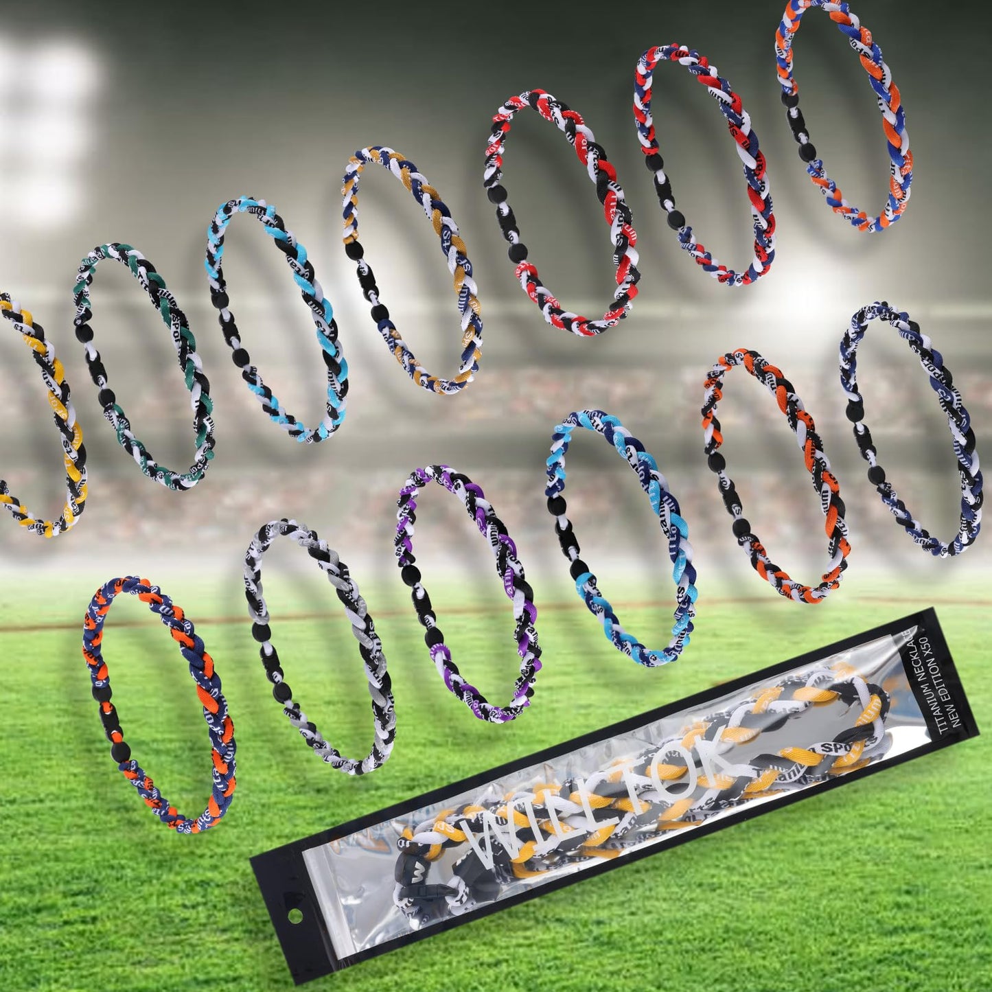 Willtok Premium 18inch Baseball Necklace, Sports Fan Necklaces, Baseball Rope Tornado Necklace (18 inch, Navy Red White)