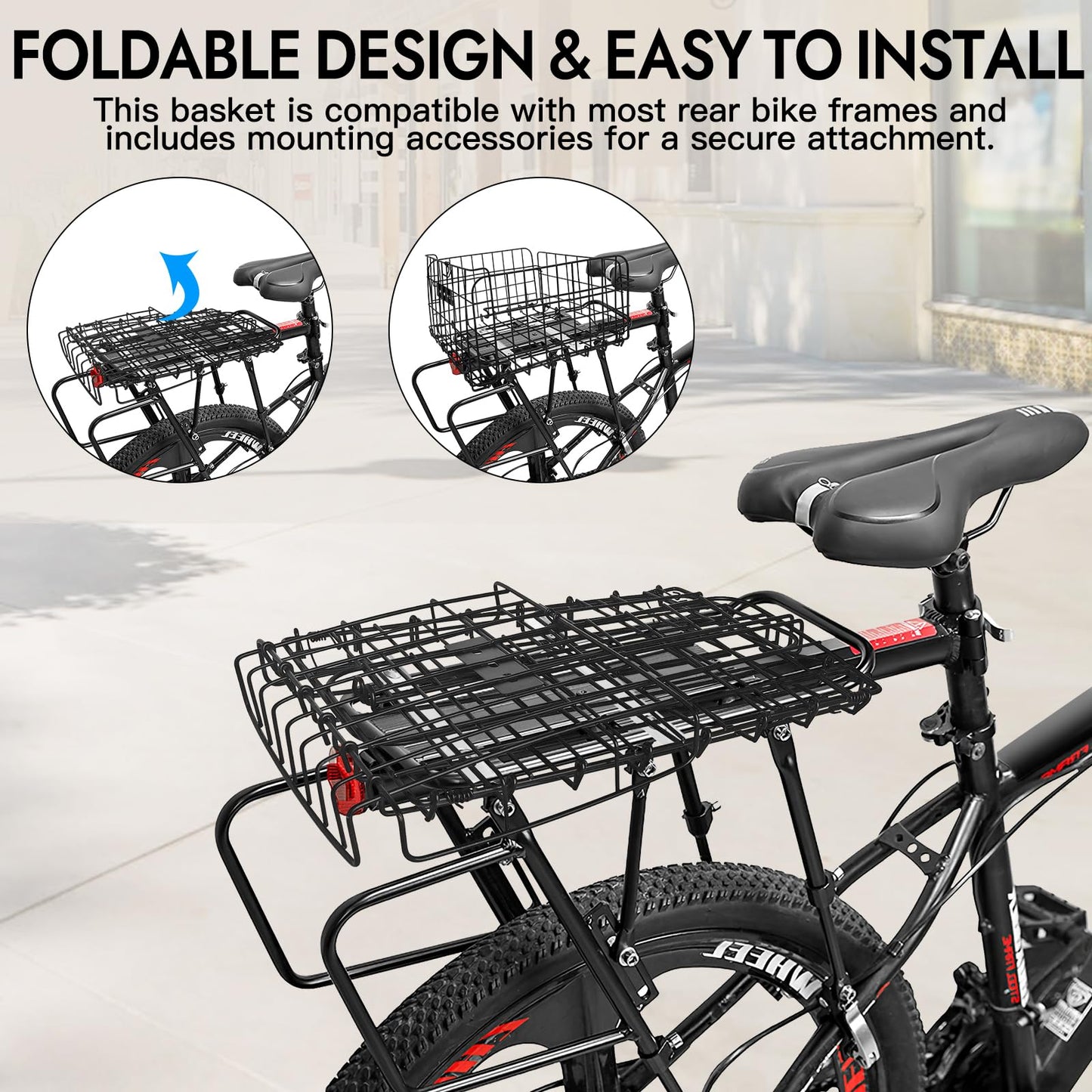 RAYMACE Bike Basket Rear,Bicycle Basket with Removable Liner,Rainproof Cover and Cargo Net,Folding Bike Baskets for Adult,Quick Release Design Fits for Most Rear Mounted Bike Rack