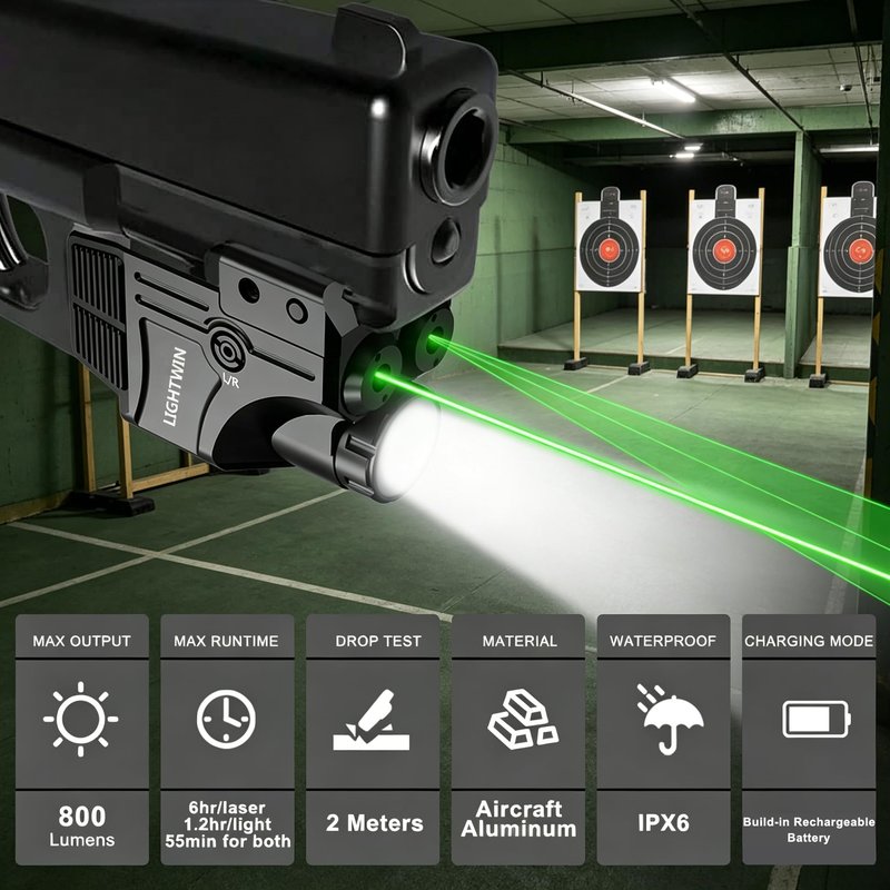 Green Laser Sight + Green Circular Laser Beams with 800 Lumens Flashlight for Pistols, 3 in1 Laser Light Combo, Tactical USB Rechargeable Laser Sight, Strobe & Steady Flashlight for Picatinny Rail