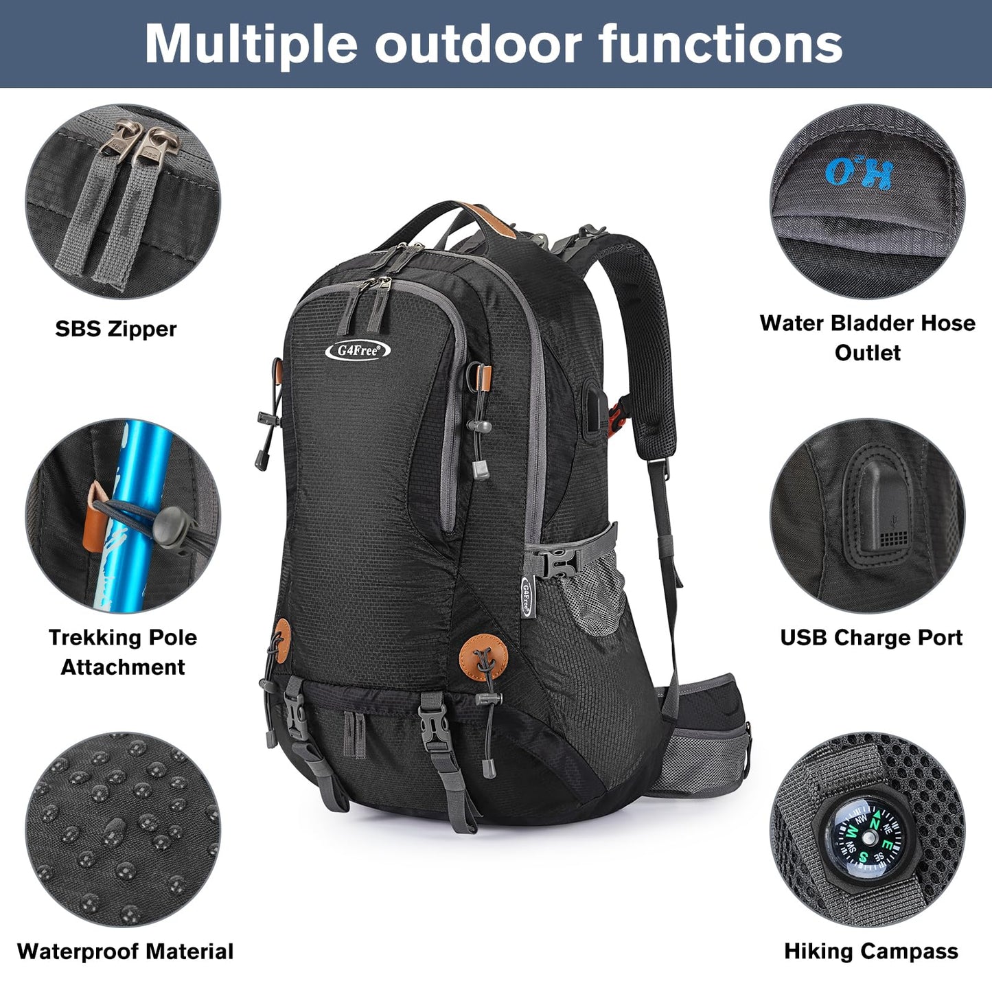 G4Free 50L Hiking Backpack Waterproof Daypack Outdoor Camping Climbing Backpack with Rain Cover for Men Women