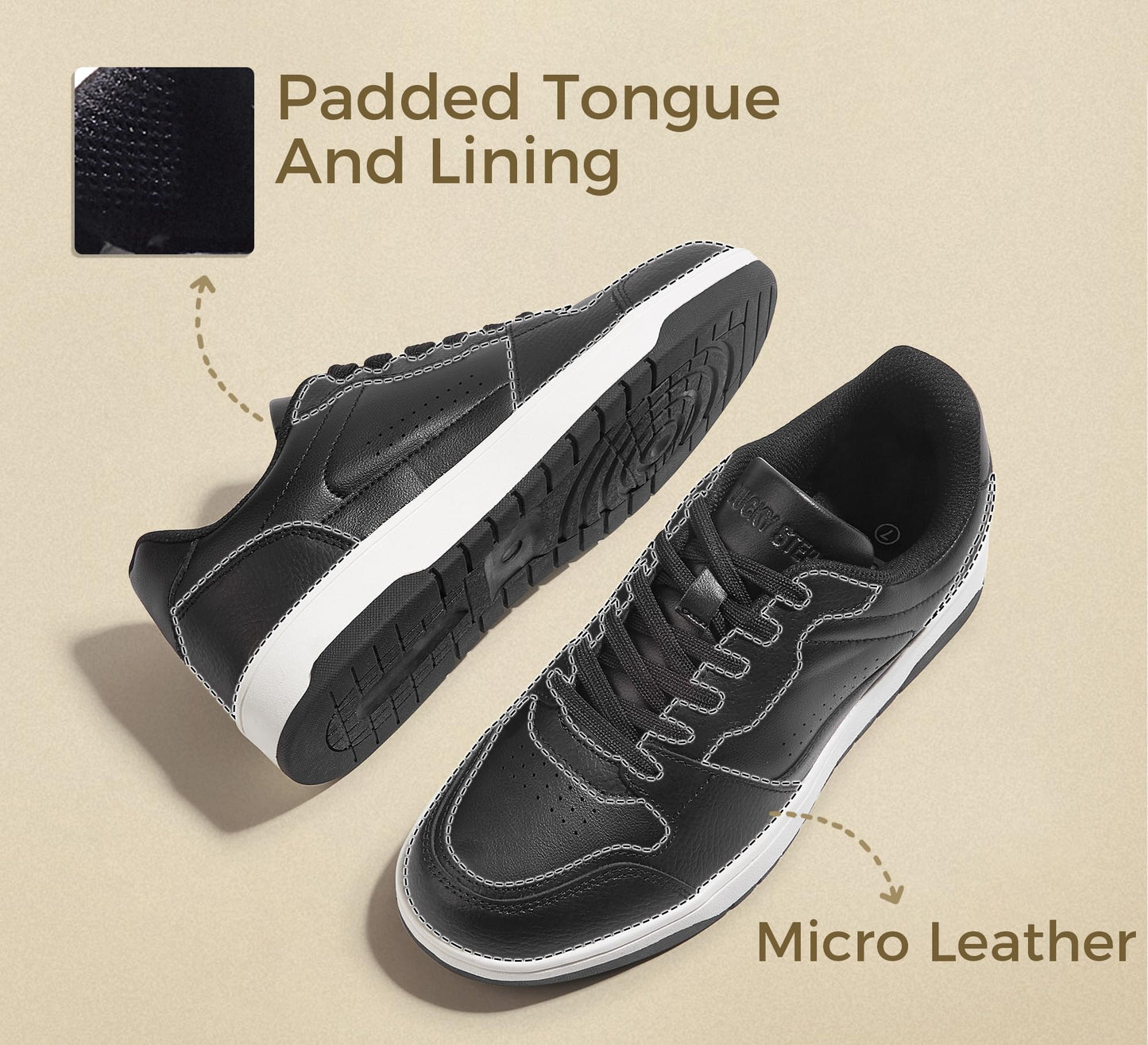 LUCKY STEP Men's Fashion Sneakers Lace Up Casual Low Top Anti-Slip Tennis Skateboard Basketball Walking Shoes(Black,10)