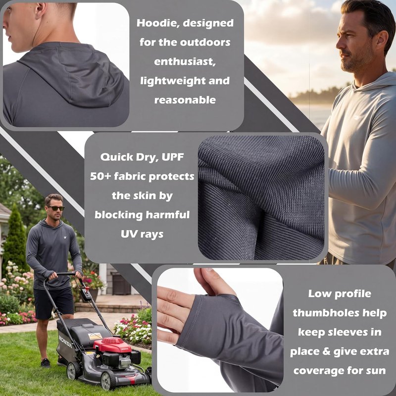 TELALEO Men's UPF 50+ Sun Protection Hoodie - Lightweight Long Sleeve Shirt for Fishing & Running