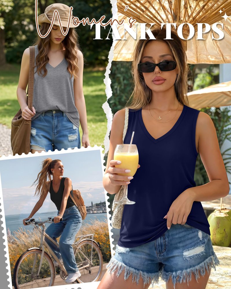 Riyiper 4 Pack Women's Tank Tops Sleeveless V Neck Casual Summer Loose Fit T Shirts Flowy Basic 2026 Fashion Tee Blouse(Black, White, Light Gray, Navy Blue,Medium)
