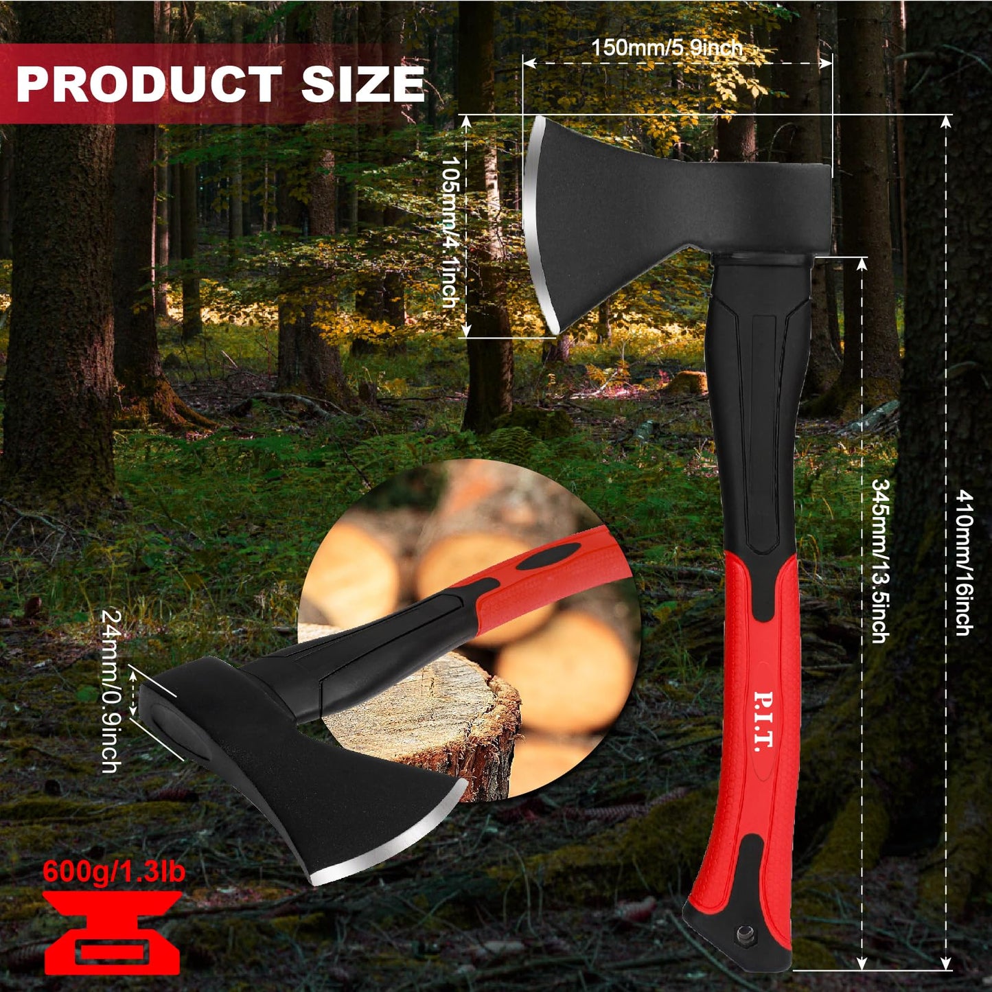 P.I.T. 15" Hatchet Axe, Camping Outdoor Hatchet for Wood Splitting and Chopping, Forged Steel Blade with Sheath,Shock Absorbing Fiberglass Anti-Slip Handle, Multi-Use Axe