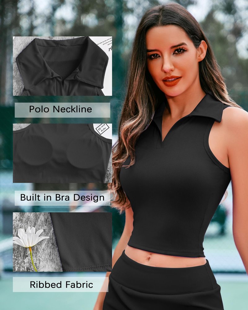 Women Workout Crop Top Built in Bra Ribbed Athletic Tank Tops Casual Sleeveless Collar Shirts Padded Sports Yoga Vest