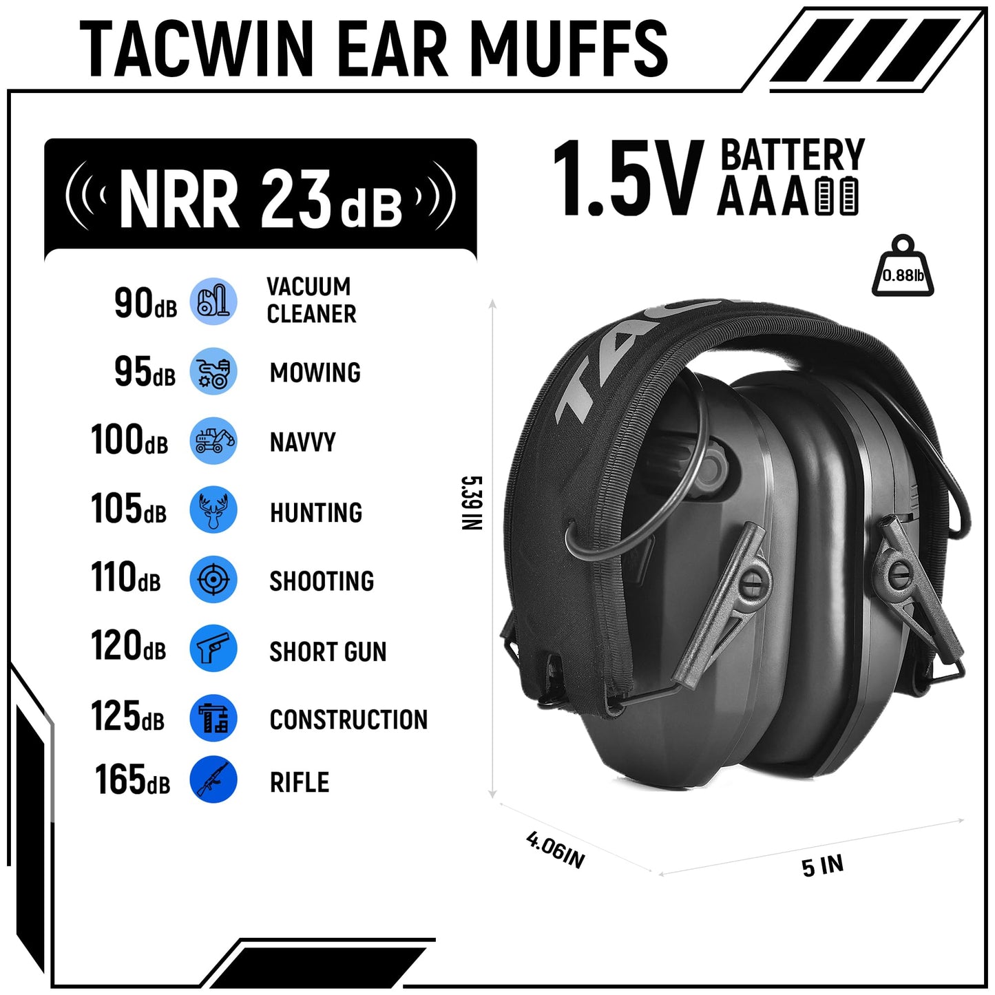 TACWIN Shooting Ear Protection for Gun Range, Active Noise Reduction NRR 23dB Hearing Protection Ear Muffs for Shooting