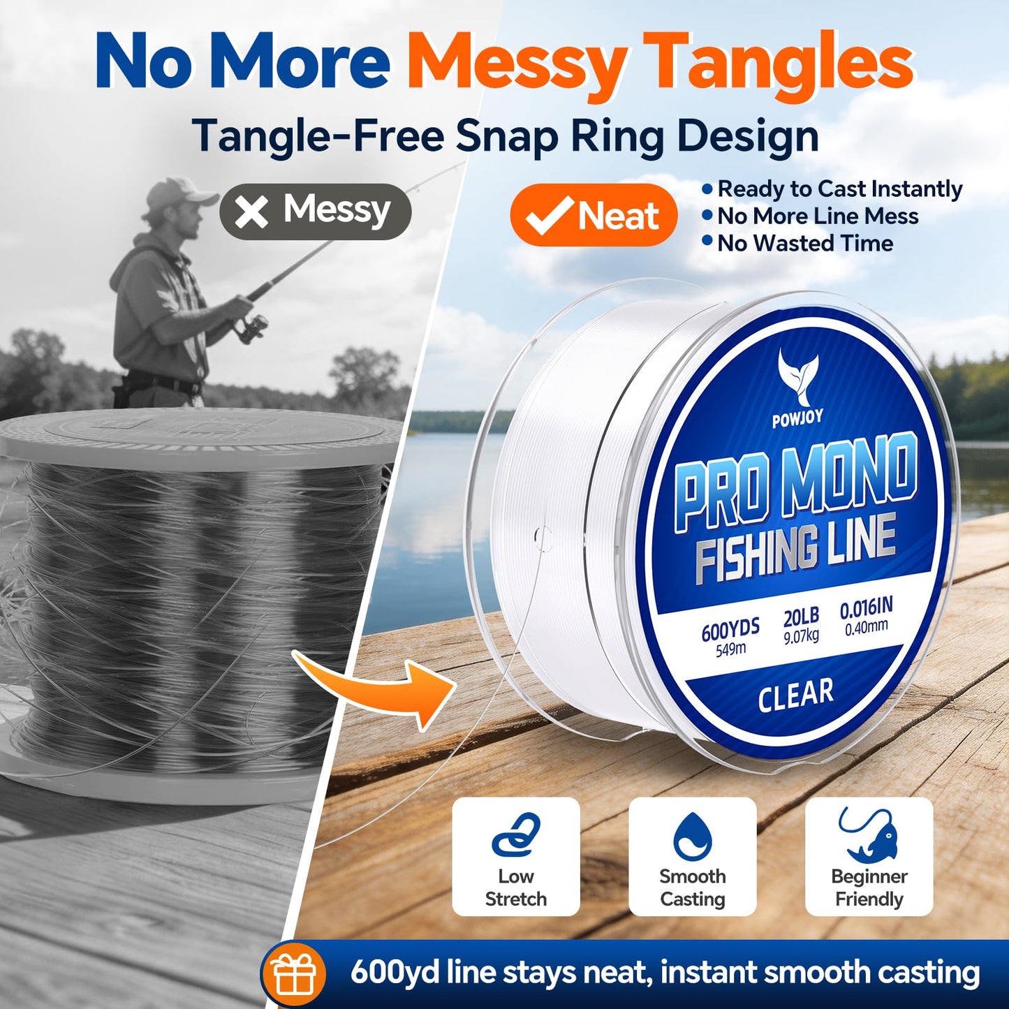 POWJOY 50lb Heavy Duty Clear Monofilament Fishing Line 330 Yards (30Yds Bonus) - Strong for Big Bass Fish in Saltwater/Freshwater, Low Stretch Nylon with Knot Instruction Cards & No-Tangle Snap Ring