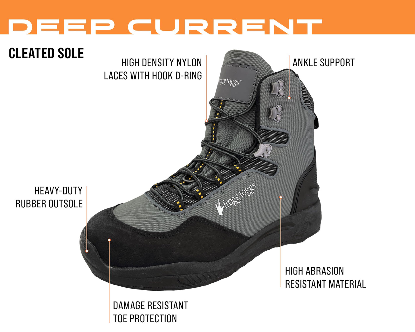 FROGG TOGGS Men's Deep Current Waterproof Fishing Wading Boot for Fishing in Cleated or Felt, Cleated, 7