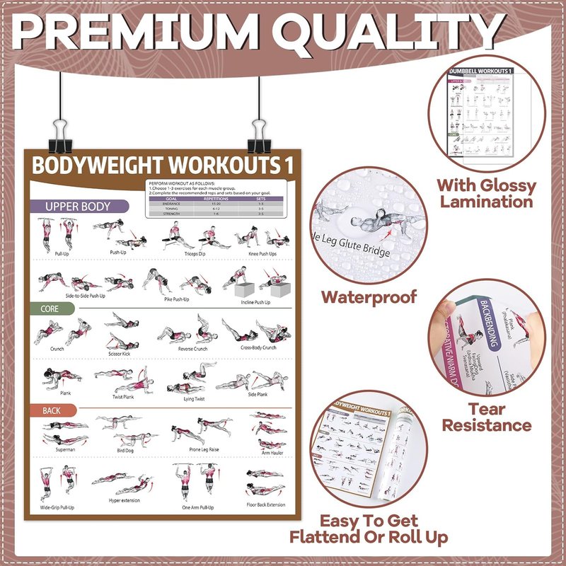 Workout Posters for Home Gym - 6PCS Dumbbell & Bodyweight Exercise Charts | Ideal for Stretching