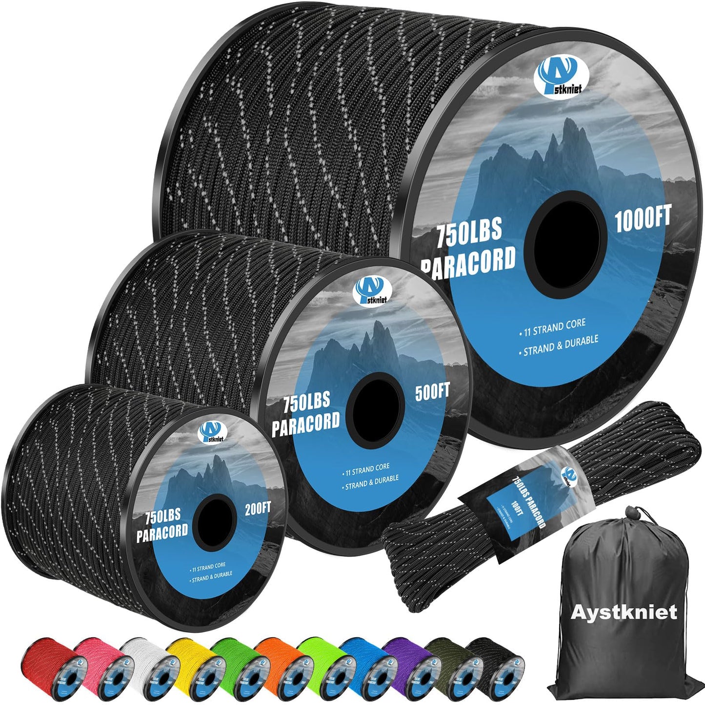 750Ib Reflective Paracord Rope, 1000', 4mm 11 Strand Parachute Spool Cord with Collecting Bag, para Cord Lanyard for Clothsline, Hammock, Camping, Hiking and Survival
