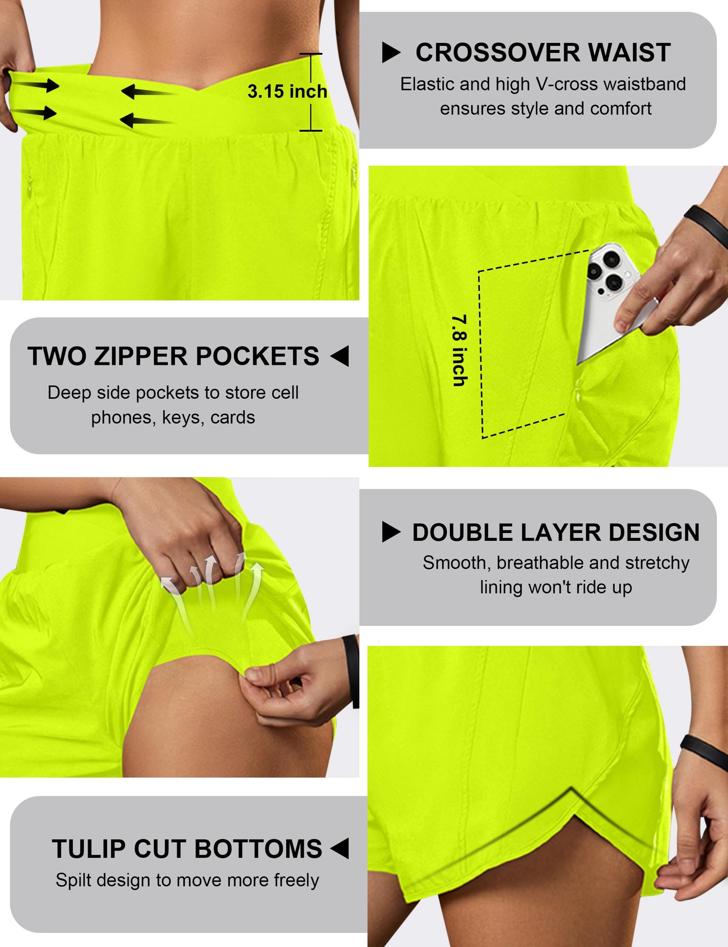 Blooming Jelly Women's Workout Shorts Athletic Running Cross V Cut Waist Work Out Preppy Shorts with Zipper Pockets (Neon Green,X-Large)