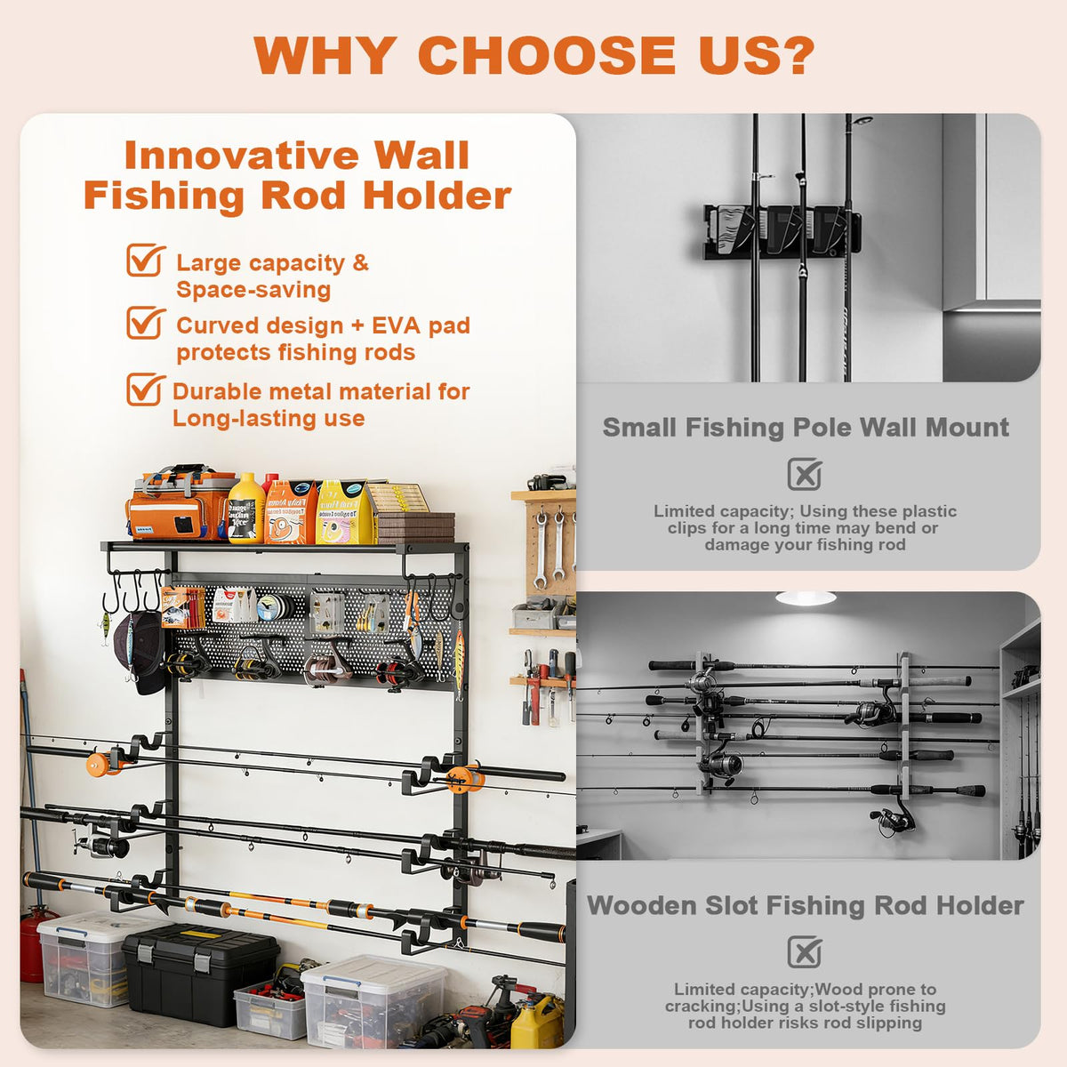 Olakee Wall Mount Fishing Rod Holders, Large Capacity Fishing Pole Holders for Garage Organizer, Horizontal Fishing Pole Rack Holds Up to 6 Rods with Pegboard & Hooks, Ideal Gift for Men Dad Anglers