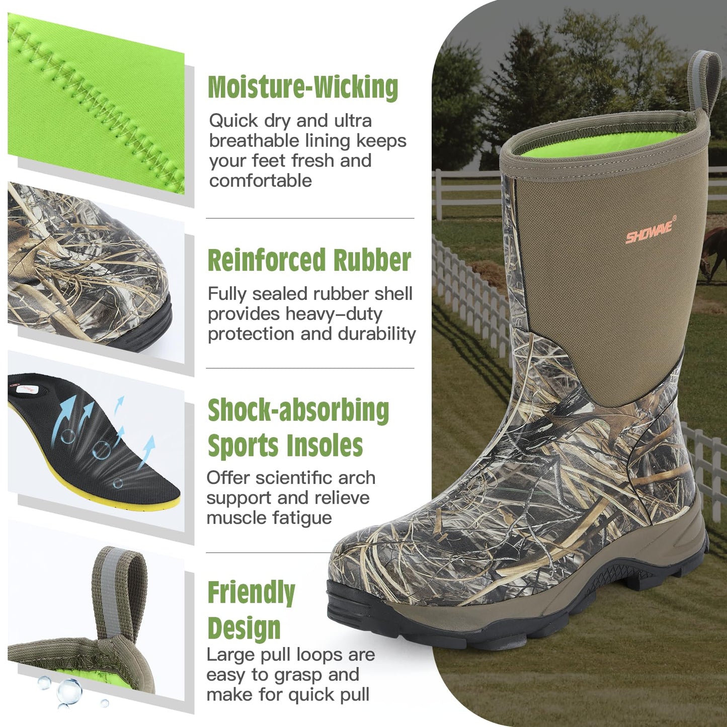 Showave Men's Mid Calf Rubber Work Boots Waterproof Insulated Rain Boots for Outdoor Mud Gardening