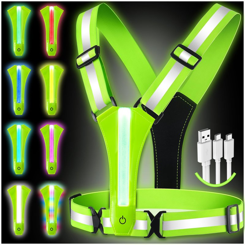 Topward LED Reflective Vest Running Gear, 8 Lights Colors Illuminated, USB-C Rechargeable, High Visibility Safety Vest with Adjustable Waist/Shoulder, Light Up Vest for Night Dog Walking Cycling